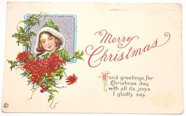 Antique Embossed Postcard Girl &amp; Poinsettias ~ Fond Greetings for Christmas day - £1.58 GBP