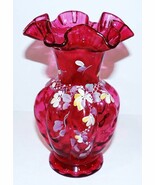 VINTAGE FENTON ART GLASS CRANBERRY HAND PAINTED FLORAL MIKE LEMON 7 3/4&quot;... - $98.99