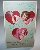 Valentines Day Postcard Cherub Looks Through 3 Hearts Series 699 Vintage German - £16.09 GBP