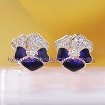 14k Rose Gold-Plated Deep Purple Pansy Flower Stud Earrings With CZ &amp; Enamel - £14.39 GBP