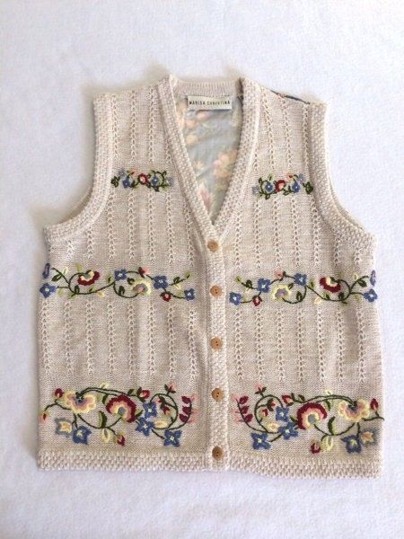 Marisa Christina S M Blue Floral Fabric Back Tan Oatmeal Sweater Vest - $12.99