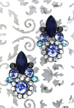 Women new navy sky blue diamante deco cluster stud pierced earrings - $9,999.00