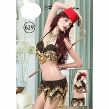 Sexy Women Sequins Coins Belly Dance Costume Set Bra+ Mini Skirt+ Cymbals Gold - £31.49 GBP