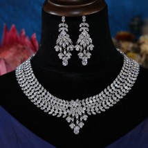 Gorgeous 2 Layer CZ Leaf Flower Necklace Earrings 2pcs Set Bridal Wedding Engage - £115.93 GBP