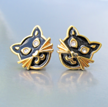 Vintage Avon Earrings Gold Tone Pierced Black PRECIOUS CAT Enamel Rhines... - $12.86