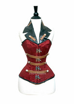  WOMEN RED BROCADE &amp; LEATHER OVERBUST GOTHIC COLLARED CORSET w/ SILVER H... - £79.92 GBP