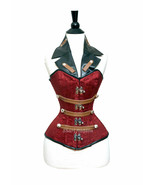  WOMEN RED BROCADE &amp; LEATHER OVERBUST GOTHIC COLLARED CORSET w/ SILVER H... - $1,900.49 MXN