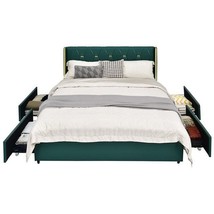 Full Size Green/Gold Linen Headboard 4 Drawer Storage Platform Bed - $9,606.72 MXN