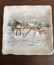 Maxcera 4 Dinner Plates Ceramic Square Scalloped Snowman Christmas Trees New - £54.78 GBP