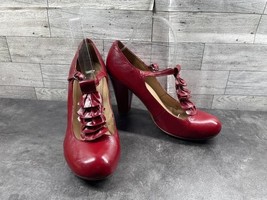 Steve Madden T-Strap Heels Women  8.5M Shoes Red Leather Ruffle Salsa Pumps - $27.54