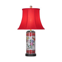 Red Floral Motif Cylindrical Porcelain Vase Table Lamp 24&quot; - £179.91 GBP