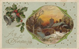 Vintage Postcard Christmas Bridge Village Bell Holly Gold Stars 1927 - £6.21 GBP