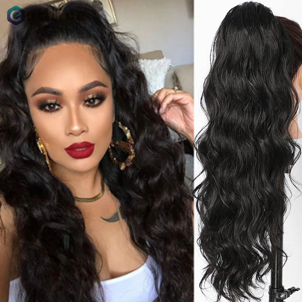 Long Wavy Ponytail Human Hair Drawstring Clip in Hairpiece Black Wave Extension - £37.30 GBP+