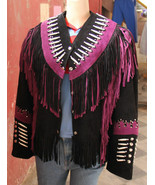 Women&#39;s Two Tone Pink Black Suede Fringes Leather Bone Beads Handmade Ja... - $241.74 CAD