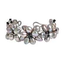 Elegant Row of Silver and Black Flowers w/ Pearl and Crystal Cuff Bracelet - £12.51 GBP