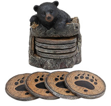 Ebros Rustic Black Bear Cub Tree Trunk Stump Coaster Holder With 4 Coasters Set - £22.37 GBP