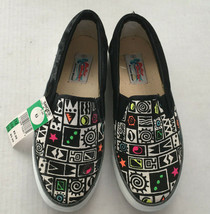 vintage skater canvas slip on shoes black with black white neon graphics  - $24.70