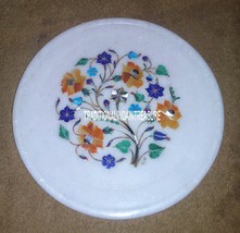 9&quot; Marble White Round Serving Plate Mosaic Hakik Inlay Pietradure Art Decor - £147.88 GBP