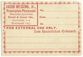 Antique Pharmacy Label FOR EXTERNAL USE Jacob Messing Jr Stapleton Stato... - $28.11
