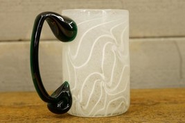 Studio Art Glass Hand Blown Beer Mug Tankard White Ribbon Wave Green Handle - $24.74
