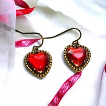 Retro Red Glass Heart Brass Earrings for your Valentine - £19.92 GBP