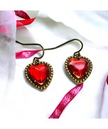 Retro Red Glass Heart Brass Earrings for your Valentine - £20.03 GBP