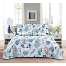 3-Piece Reversible Nautical Theme Bedspread Coverlet King(96X108 Inches),Blue-Gr - £47.40 GBP