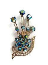 VINTAGE BROOCH SPARKLY AQUAMARINE SPRIG GOLD TONE ANTIQUE JEWELRY DELICA... - £11.88 GBP