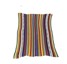 Vintage 70s Mid Century Modern MCM Hand Knit Rainbow Striped Throw Blanket Quilt - £48.02 GBP