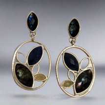 Vintage Silver Tone Leaf Dangle Earrings with Marquise Stones, Oval Drop - $4.95