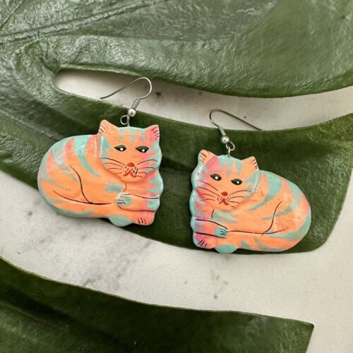 Vintage Hand Painted Wood Cat Shaped Earrings Neon Orange Blue Kitten No... - £14.05 GBP