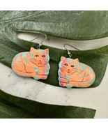 Vintage Hand Painted Wood Cat Shaped Earrings Neon Orange Blue Kitten No... - $354.34 MXN