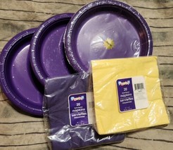 Purple Plastic Party Luncheon Plates 24 cnt. Purple &amp; Yellow Napkins 20 ... - $10.79