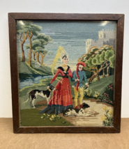 Vintage NEEDLEPOINT WALL ART mid century modern Victorian Lady dog decor 27448 - £37.36 GBP