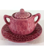 Vintage PINK MAJOLICA POTTERY SUGAR BOWL w LID &amp; PLATE Flower Petal 1950... - $12.34