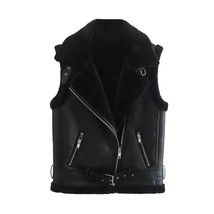 TRAF  2023 Woman Winter Reversible Cotton Imitation Leather Vest Fashion Sleevel - £75.77 GBP