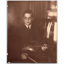 Vintage Boy Portrait Holding Violin and Bow Glasses Suit Tie 8x10in Sepia Photo - $39.95