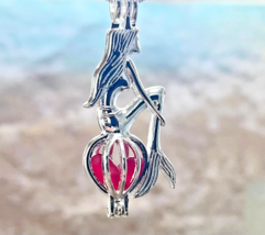 Silver Plated Mermaid w/ RED Sea Glass Cage Locket Necklace 18&quot;, Jewelry Gift - £13.51 GBP