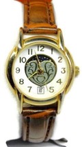 Day Night Heart Dial Date WR 30m Brown Leather Band Analog New Batt Woman Watch - £19.84 GBP