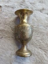 Vintage Sarna Etched Brass Small 4in Tall Vase India With Floral Leaf Design - £26.15 GBP