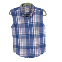 Women&#39;s Sleeveless Button-Front Shirt Top Size M Blue Plaid - $221.44 MXN
