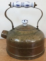 Vtg Antique Style Patina Copper Delft Blue White Ceramic Handle Tea Pot ... - $36.62
