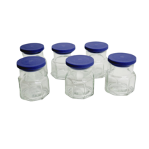 Wheaton Hexagonal Glass Jars 6 Piece Set Blue Plastic Lids Spices Apothe... - $34.65