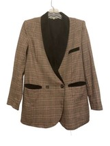 Gimmicks BKE Brown Plaid Tweed Blazer Women Size S Double Breasted Velvet Lapel - £15.36 GBP