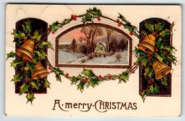 Christmas Postcard Cottage Bells Gold Trim Embossed Gel Germany 1910 Series 276 - £8.42 GBP