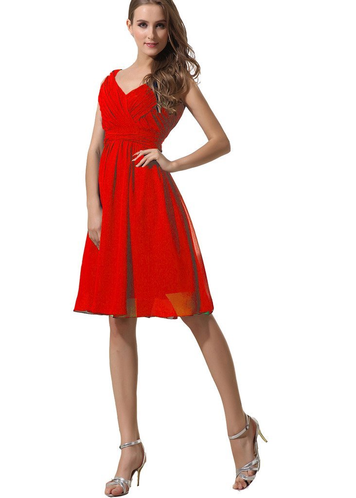 Kivary Women's Short V Neck Pleated Knee Length Prom Bridesmaid Dresses Red US 2