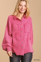 Hot Pink Mineral wash button down top with high low hem - £27.53 GBP