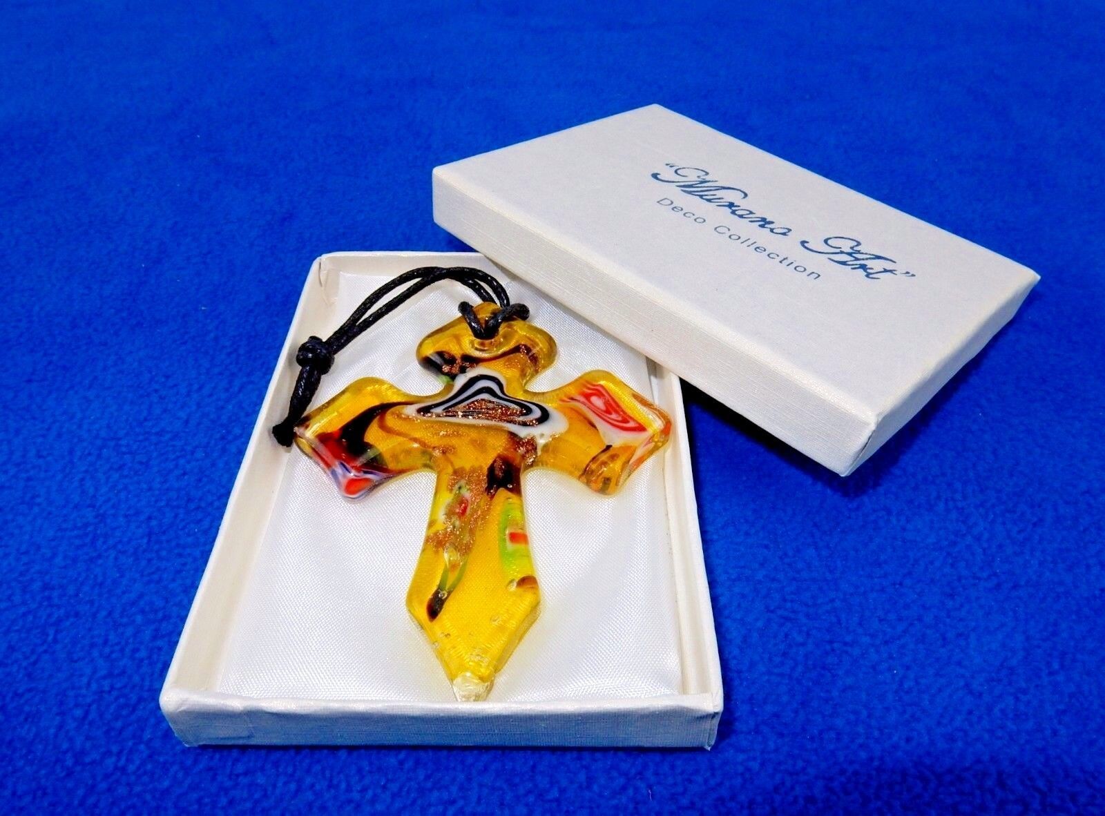 Primary image for Glass Cross Charm/Pendant, Gold/Red/Black, Murano Art Glass, Gift Box, #2914