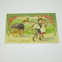 Postcard Birthday Greeting Antique Boy &amp; Girl Pull Purple Flowers Cart U... - $9.99
