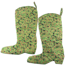 Christmas Stocking Cowboy Boot Shape Holly Berry Print Handmade - $29.69